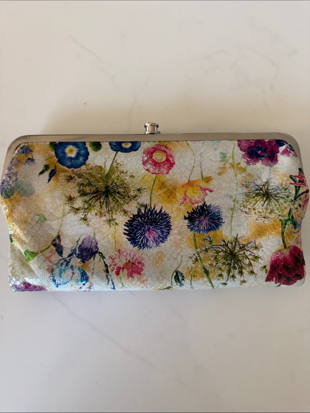 Hobo double sided folding Leather wallet Spring Floral Teal lining organization - Picture 2 of 16